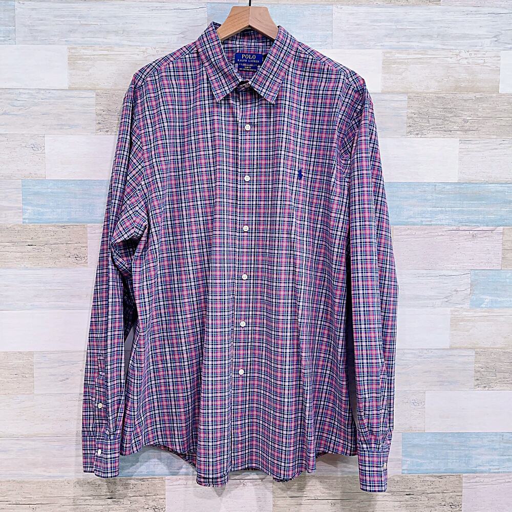 POLO Ralph Lauren Slim Cotton Stretch Shirt Blue Red Plaid Casual Mens XXL 2XL